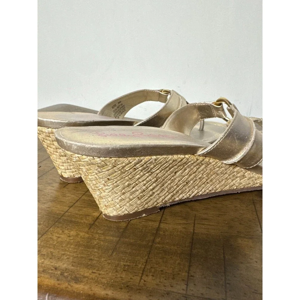 Lilly Pulitzer McKim Gold Metallic Leather Wedge Sandals Women’s 8M Resort